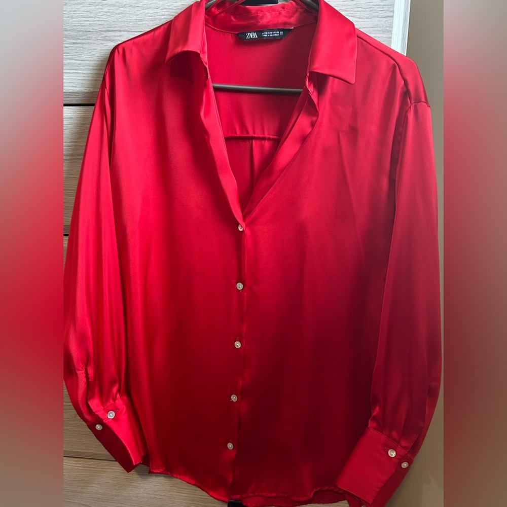 Zara Women Bold Silk Red Button Down Shirt